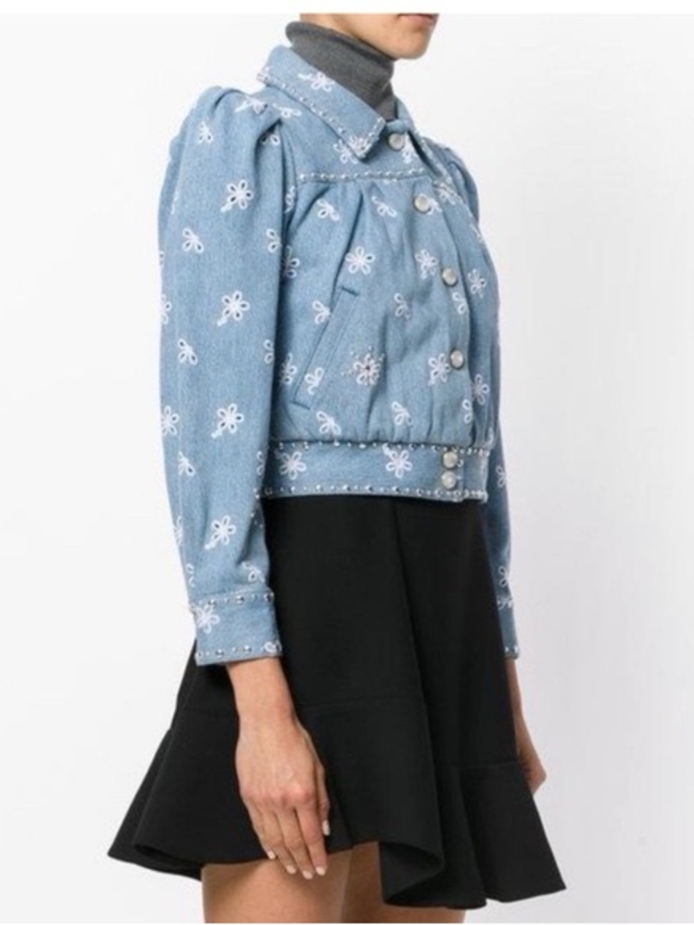 Marc Jacobs Embroidered Eyelet Cropped Denim Jacket Large Studded Puff Sleeve